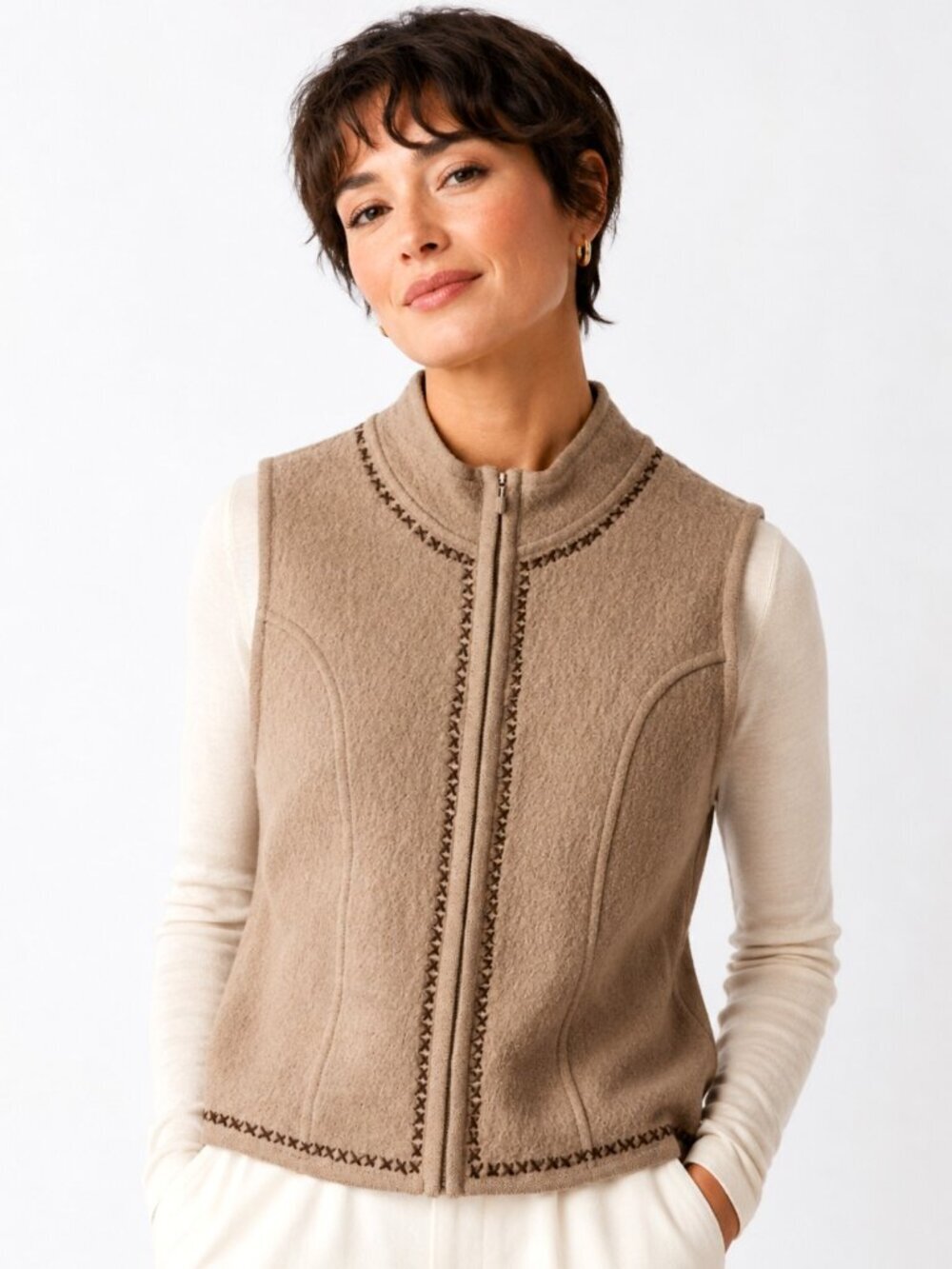 Icelandic Design Beige Topstitch Wool Zip Vest